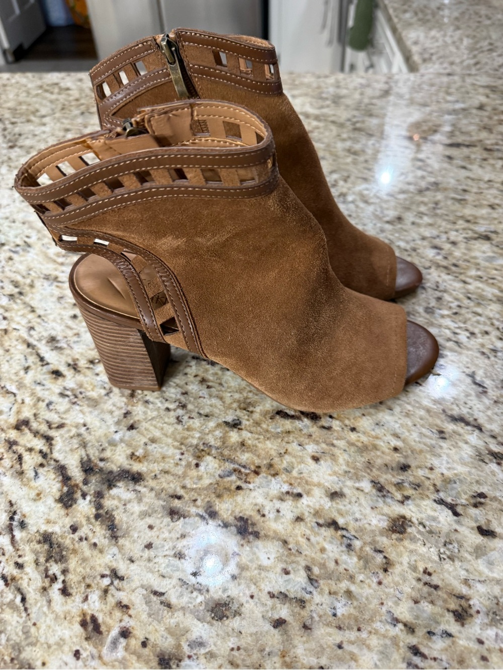 Franco Sarto Greenwich Suede Open Toe Stacked Block Heel Booties 8.5